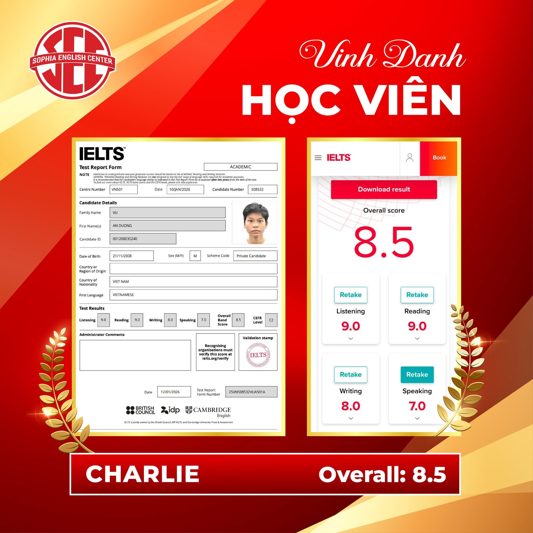 Charlie đạt IELTS 8.5 tại trung tâm SOPHIA